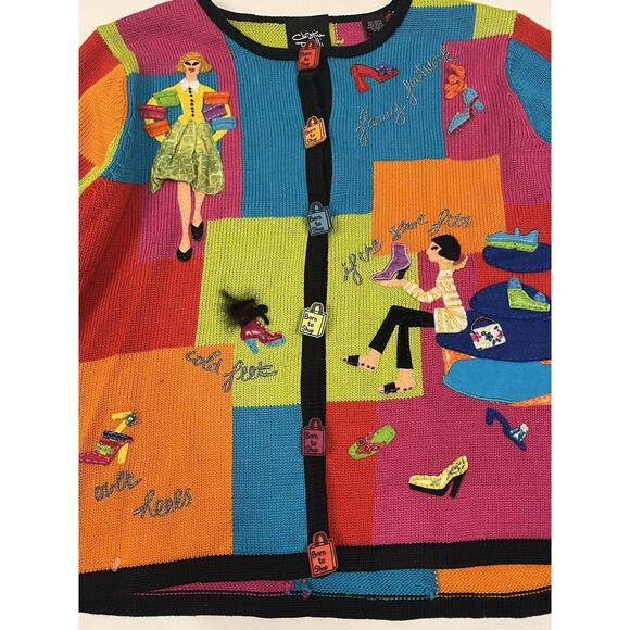 Colorful Cardigan Christina Rotelli Women’s Size Large Vintage “I Love Shopping” - Picture 11 of 15
